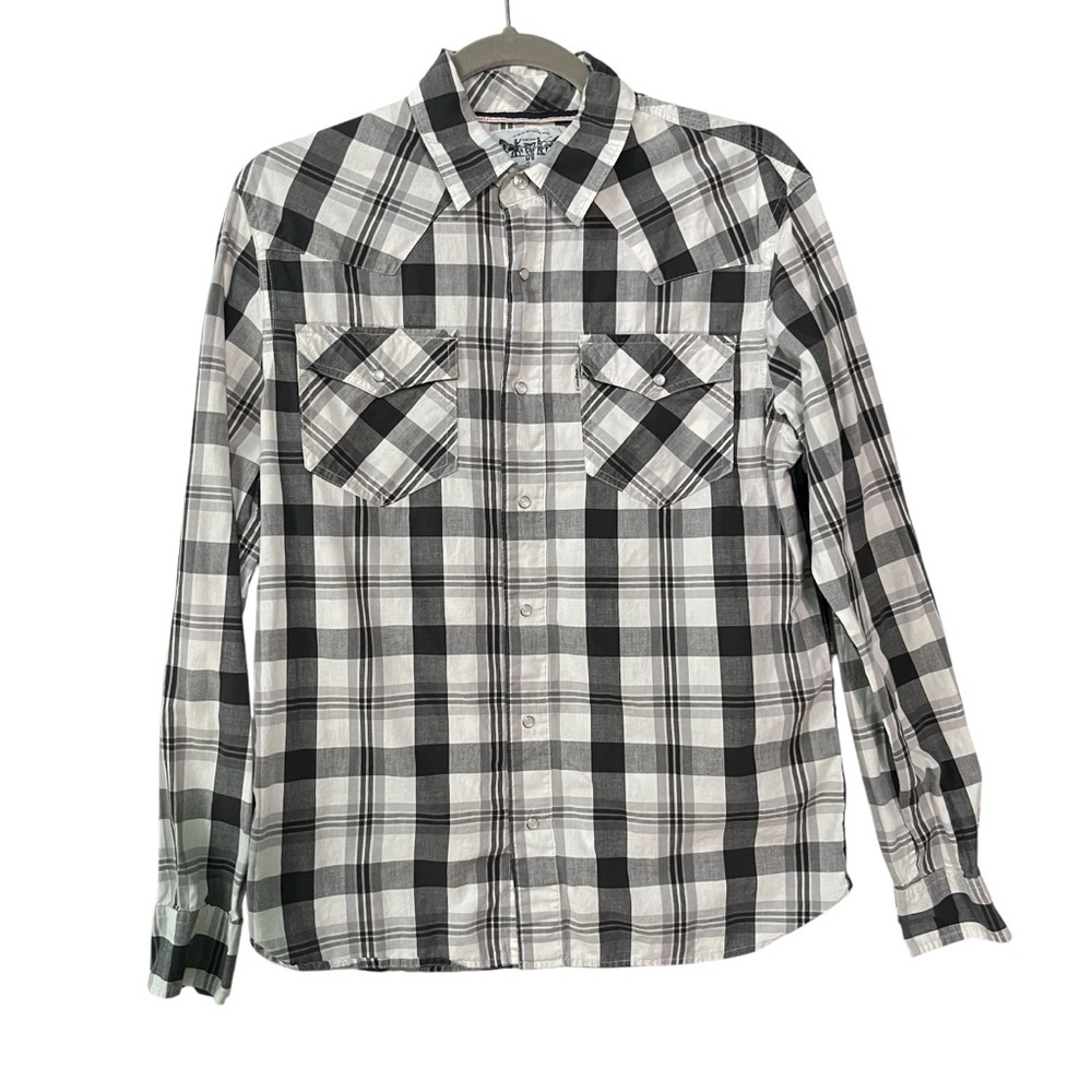 Levis Western Pearl button snap Shirt S Black white plaid Mens Roll tab sleeves